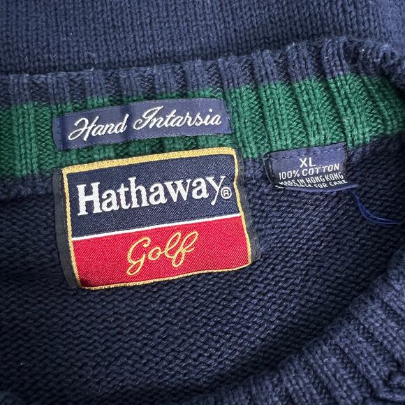 Vintage 90s Hathaway Size XL Navy Embroidered Golf Sweater Mens Hand Intarsia - Picture 4 of 10